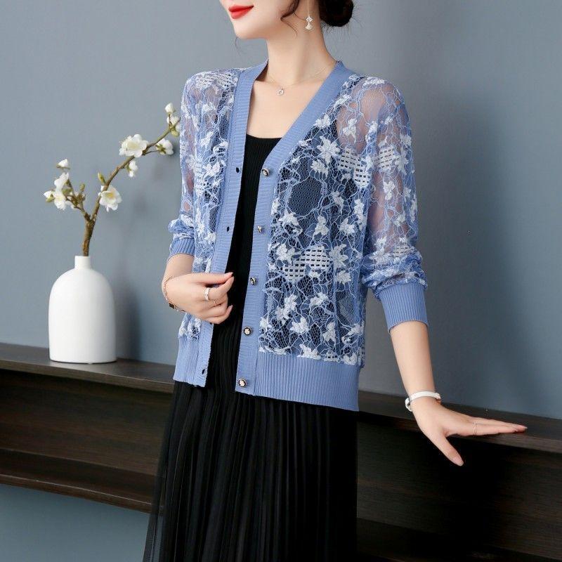 Summer Lace knitted Sunscreen Cardigan Jacket Women Fashion Mid-Aged Short Shawl Conditioning knitwear Shirt Coat Female