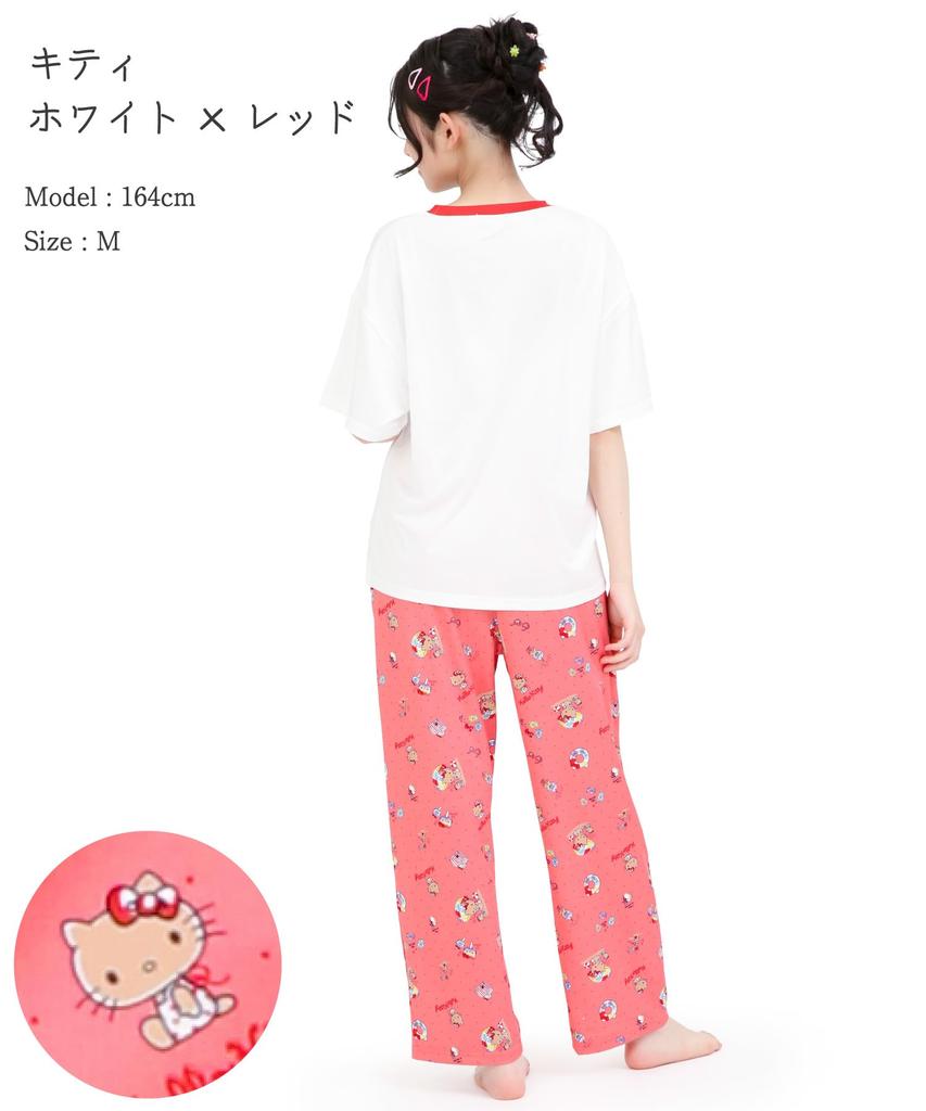 SAZAC Peach Side Hello Kitty Pajama Powder Stretch Short Sleeve and Long Pants Set X Set, Fabric, Women's (White Red/M/SAN1950)
