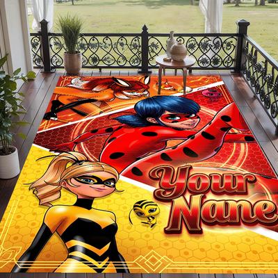 Tapis de sol motif Miraculous Ladybug avec texte personnalisé - Tapis doux d'intérieur pour salon, chambre à coucher