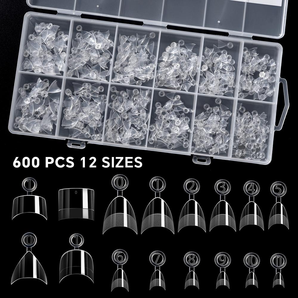 600Pcs/Boxed Half Cover Almond Nail Tips Half Matte Nail Extension Soft Gel Half Cover False Nails with Handle 12 Sizes Nail DIY