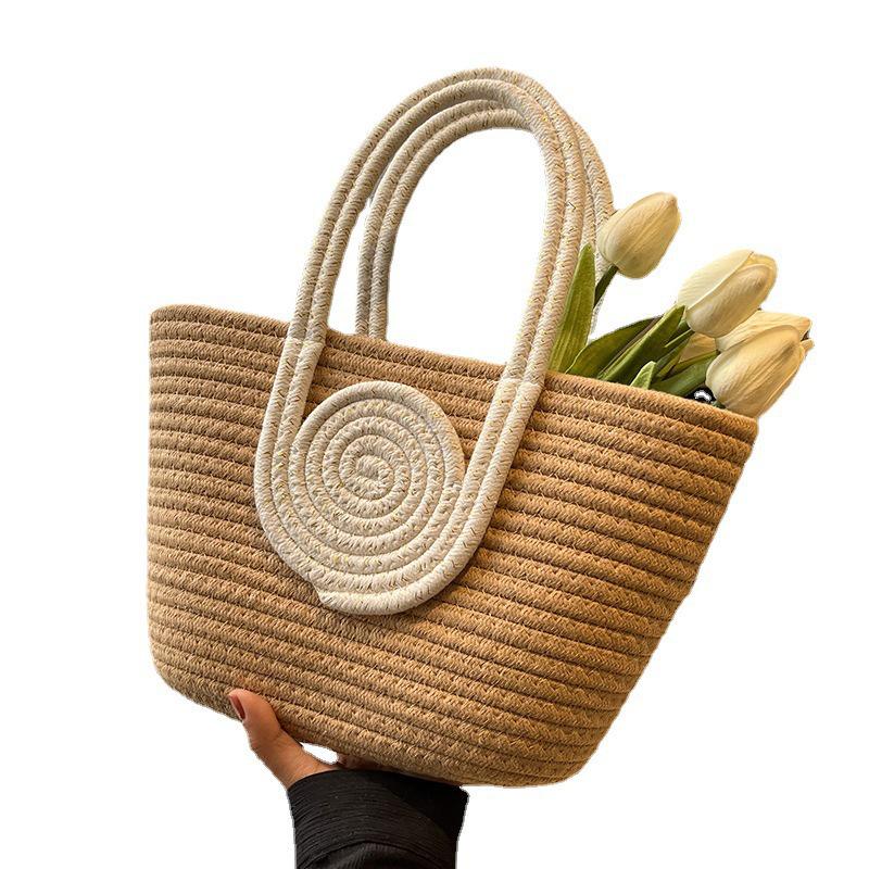 Contrast Color Cotton Rope Woven Women's Tote: Stylish, Large Capacity, Versatile Korean Handbag