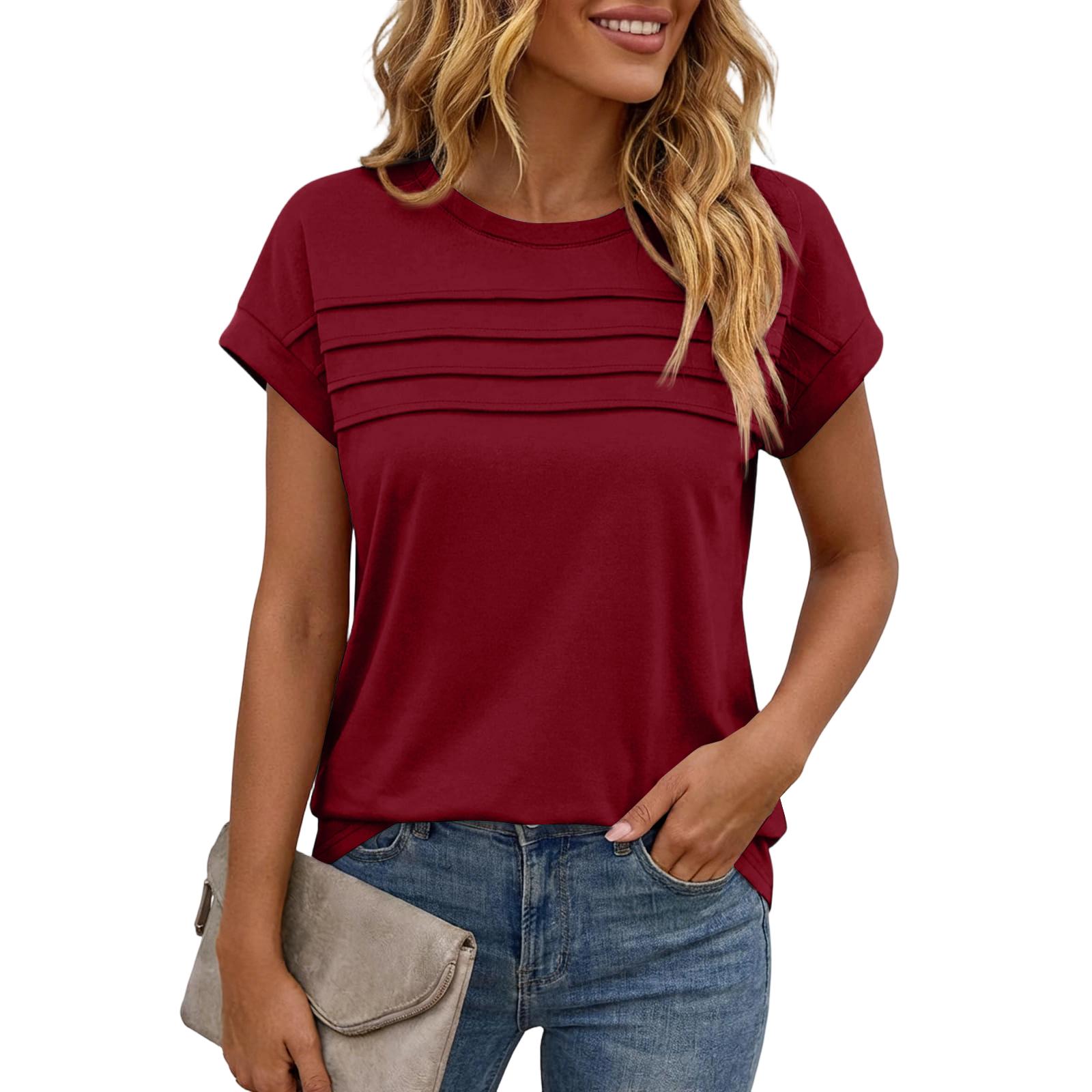 

Women s Casual Top Monochrome Pleated Top Round Neck Short Sleeved Shirt XL винний