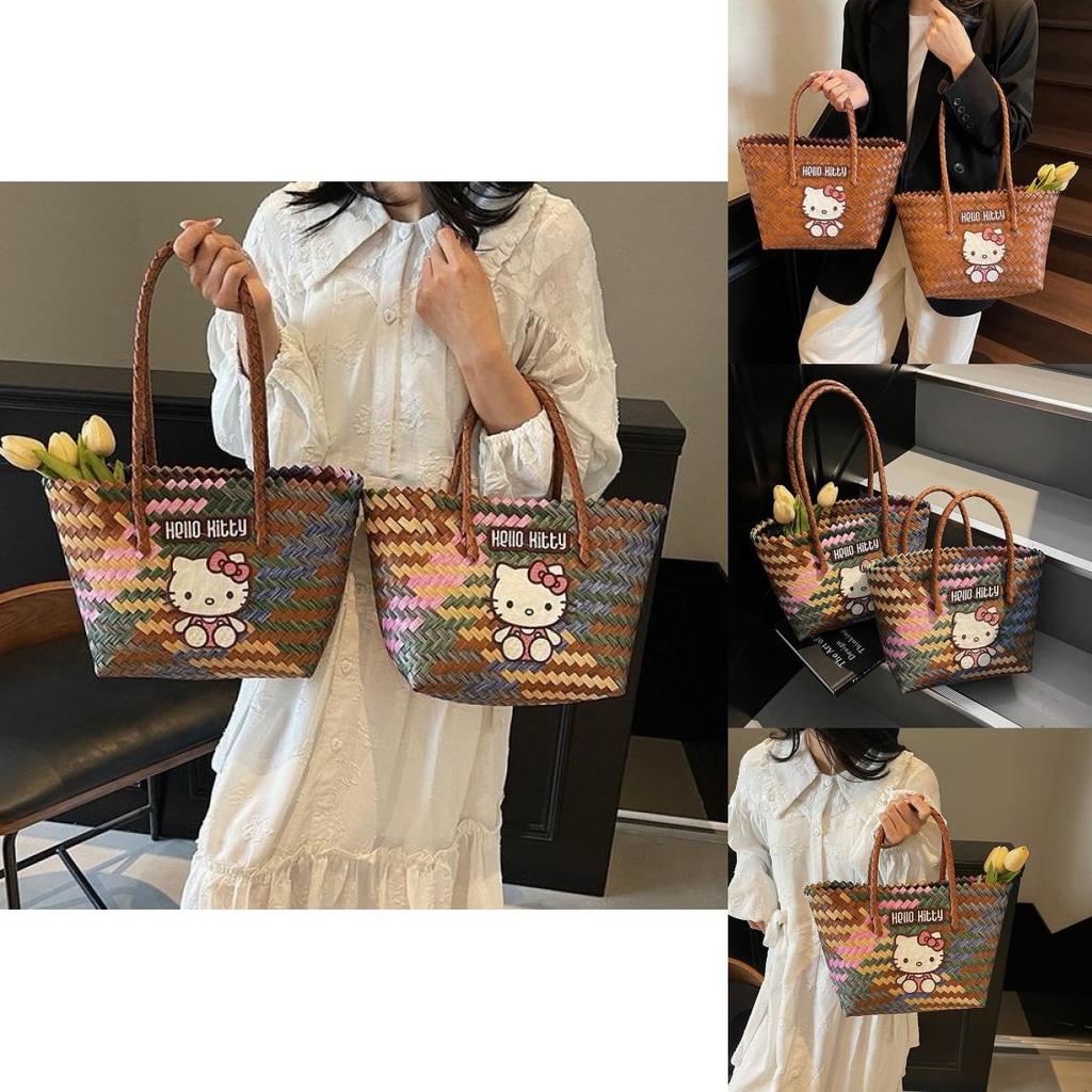 Borsa Secchiello Hello Kitty con Materiale Intrecciato per Uso Casual Estivo