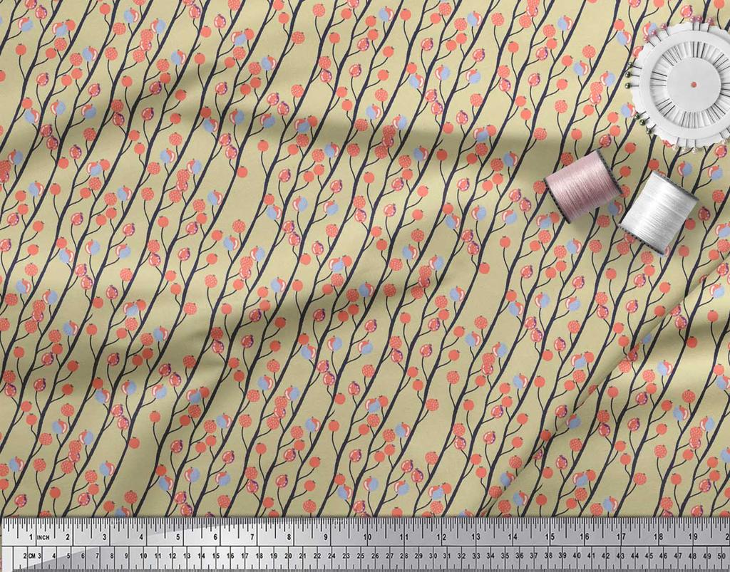 Soimoi Beige Japan Crepe Satin Fabric Branch & Red Berries Fruits Decor Fabric Printed Metre 42 Inch