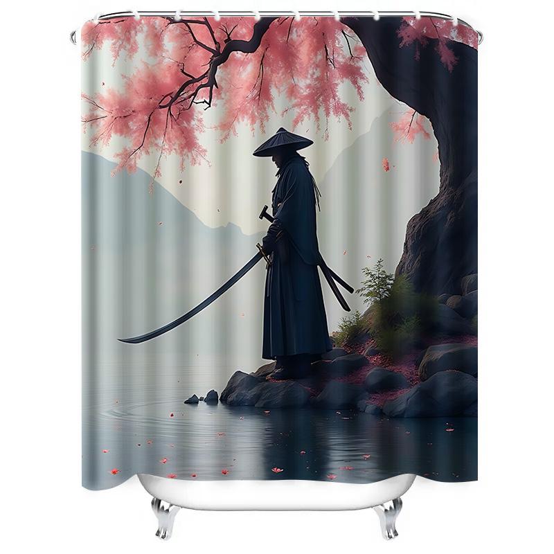 Elegant Samurai Shower Curtain - Japanese Art Design Waterproof Bath Decor With Pink Cherry Blossom Easy To Install And Maintain
