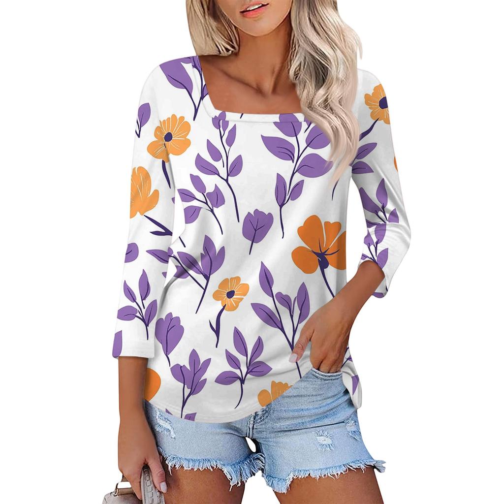 Women's T Shirt Tee Print 3/4 Sleeve Daily Weekend Fashion Basic Square Neck  Regular Top