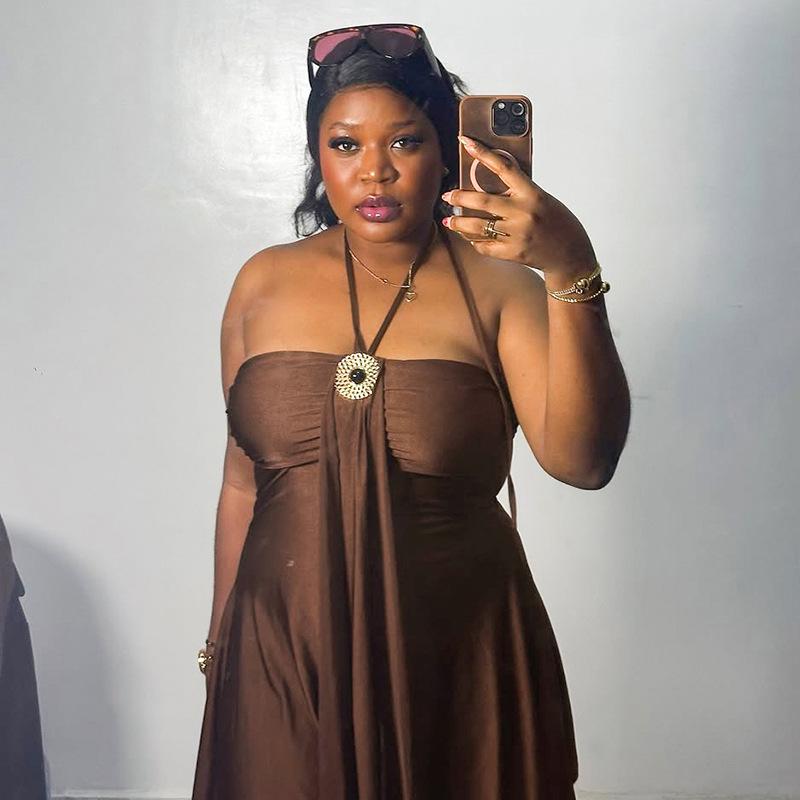 D26DS020 Summer Strapless Halter Women s Dress - Elegant, Sexy, Solid Color, Sleeveless Short Style Large