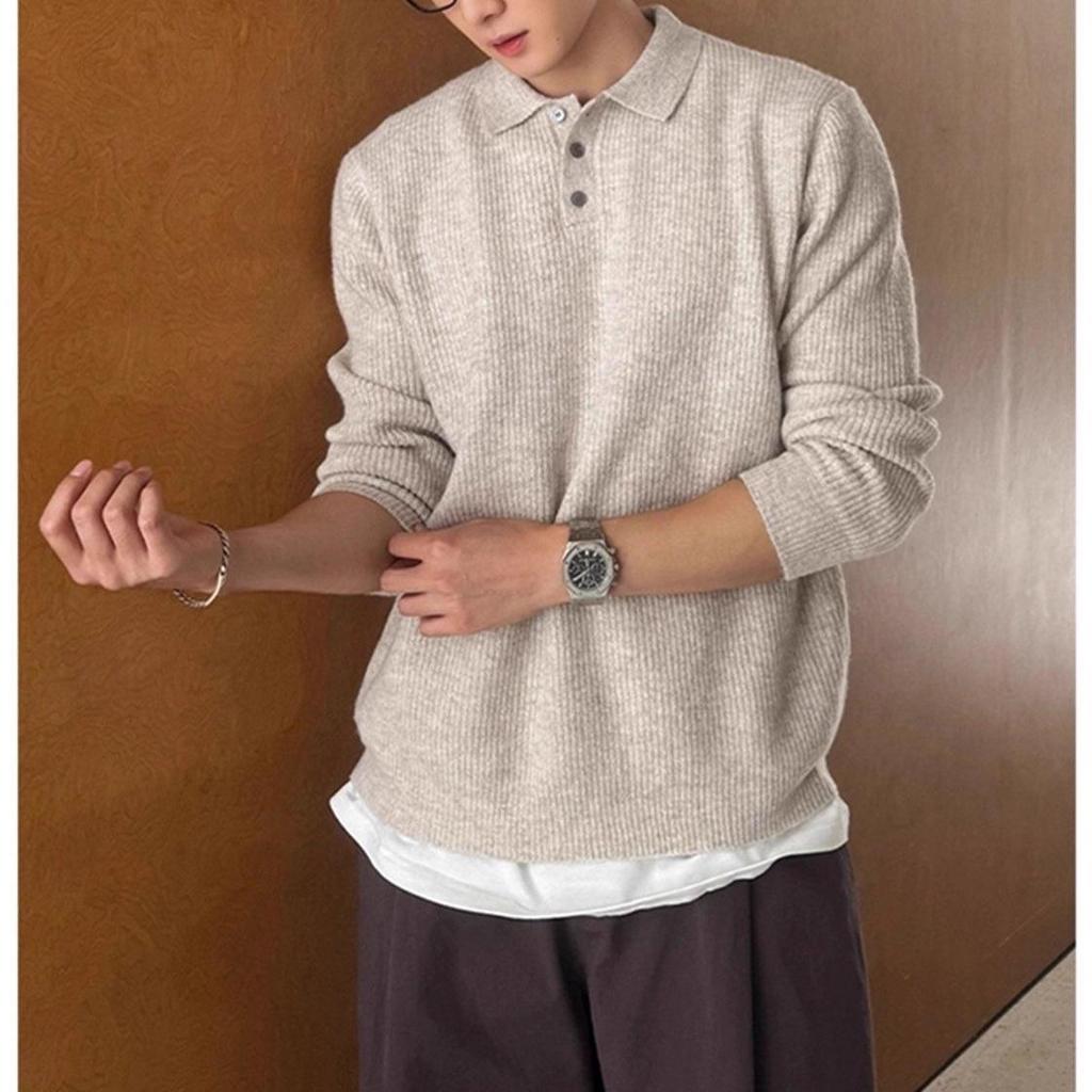 Apricot Retro Polo Collar Men's Sweater - Autumn/Winter Knitwear, Old Money Style Lapel Knit Top