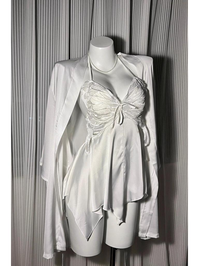 Spicy Nightdress with Chest Pads: Sexy, High-End Ice Silk Homewear for Women, Autumn & Winter, Plus Size, Pure Desire Style with Bow.