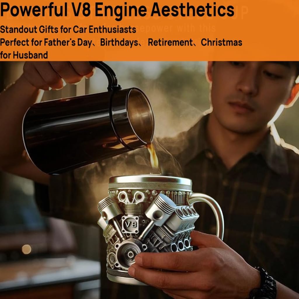 V8 Engines Stainless Steel Cup,Personalized Coffee Mug with Insulated Handle,Perfect for Car Lovers Gifts,Mechanics, Christmas,Living room decoration