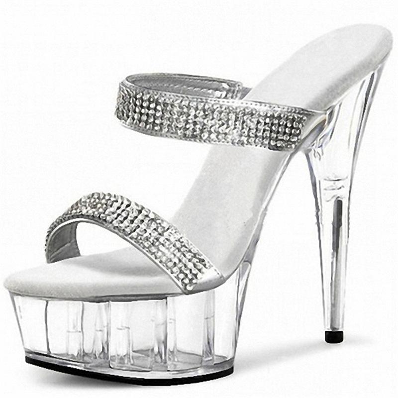 

2025 new one-word with transparent crystal super high heel waterproof table fine heel, cool slippers new women s summer size 46 серебряный