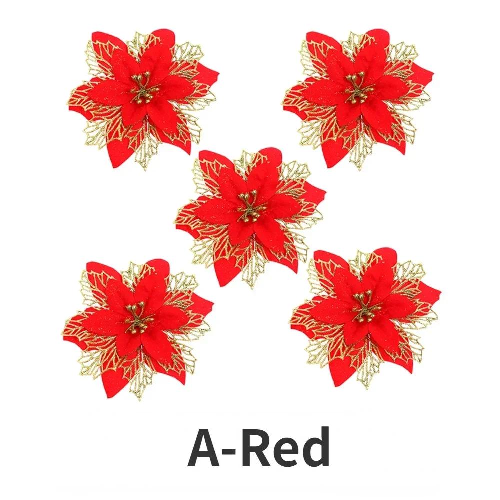 20/5PCS Artificial Glitter Christmas Flowers with Clip Xmas Tree Hanging Ornament Fake Flower New Year Party Home Decor Supplies