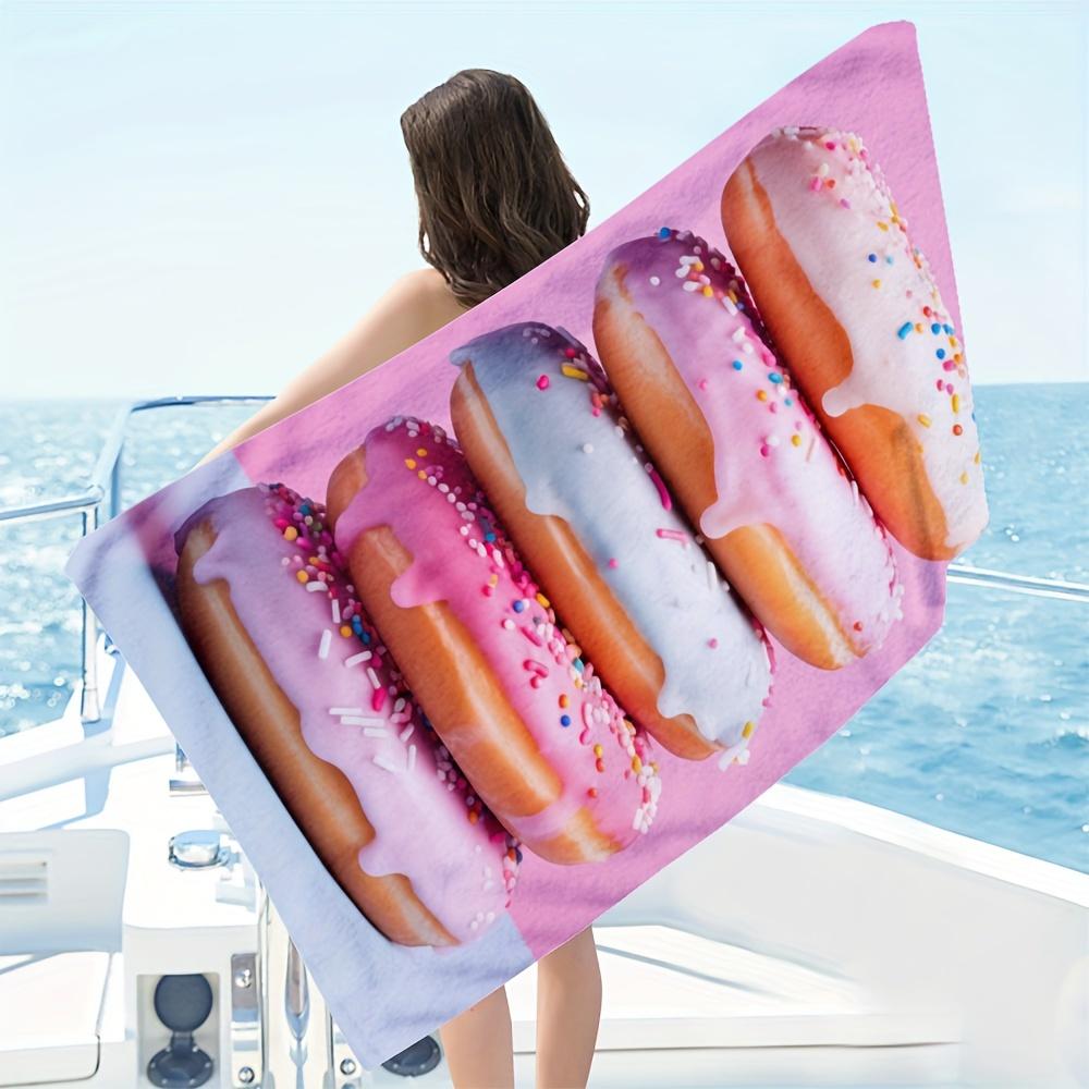 1 pièce Serviette de plage en microfibre imprimé donuts rose pour camping, voyage, plage, natation