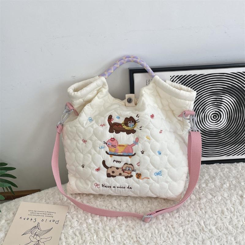 2 Cartoon Embroidery Soft Cute Messenger Bag Large Capacity Shoulder Tote Bag Quilting Cotton Commuter Tote Bag