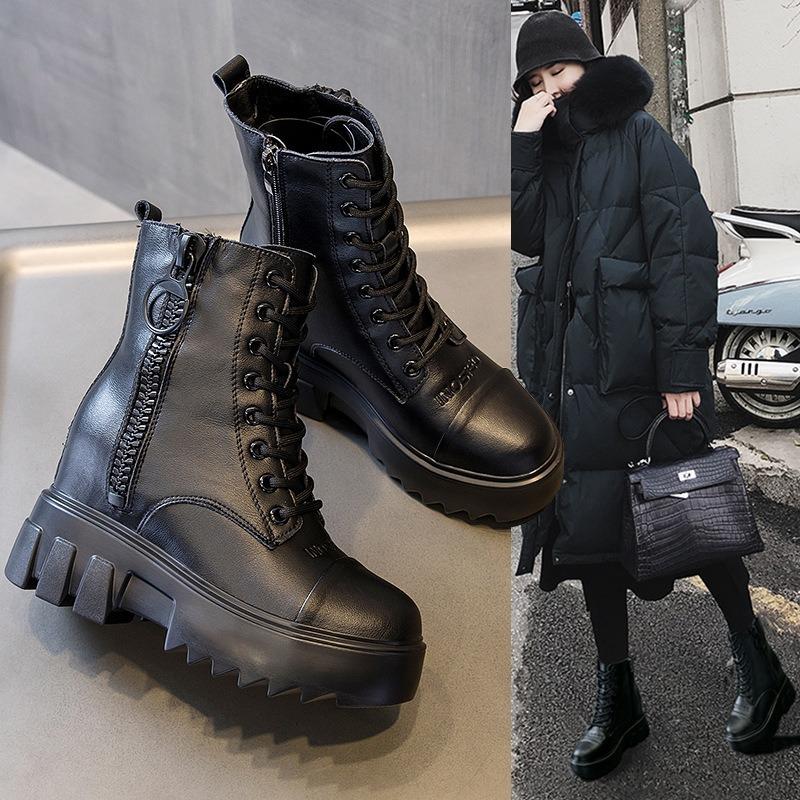 New Non-slip Warm Velvet Martin Boots Women's Inner Height Increase Hair Locomotive Boots Casual Thick Short Boots