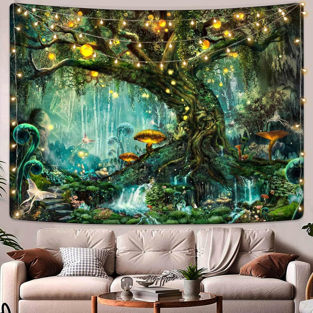 Fairy Tales Magical Forest Tapestry, Nature Tree of Life with Elves Landscape Tapestry Wall Hanging for Living Room BedRoom
