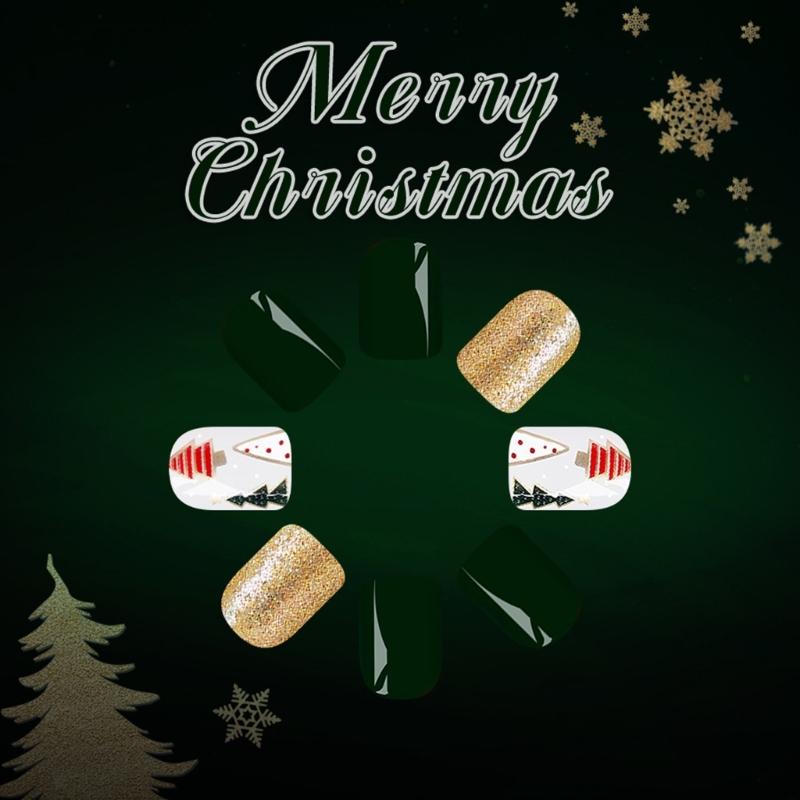 24Pcs Christmas Press On Nail Glittering Green Gold Design Fake Nail for Parties Christmas Theme Salon Quality
