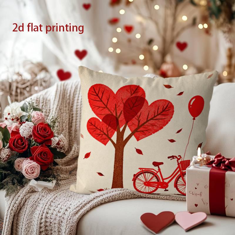 Heart Tree & Bike Pillow Cover for Valentine's Charm Pattern Cushion Cover Suitable for Sofa Bedroom Car Pillow Cover