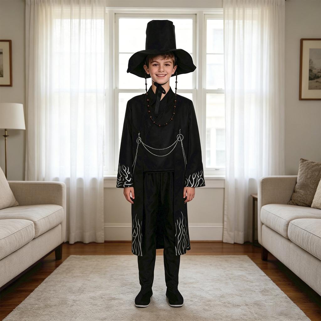 Boys Halloween Stage Performance Costume Set Long Sleeve Outerwear Pants Hat with Beads Pendant Earrings Ring Bracelet Accessories for Cosplay