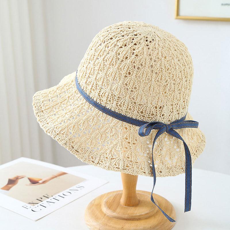 Bucket Hat Korean Straw Hat Women, Summer Travel Beach Hat With Bow, Handmade Woven Short Brim Hat