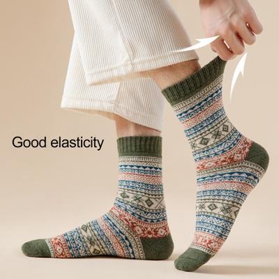 5 Pairs Men Winter Socks High-tube Cotton Socks Retro Ethnic Style Elastic Rib Cuffs Colorful