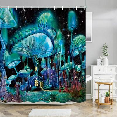 Cortinas de ducha de fantasía con forma de hongo, diseño de bosque de hadas, árbol, estilo gótico, jungla, verde, río zen, decoración de baño, cortina de ducha con ganchos