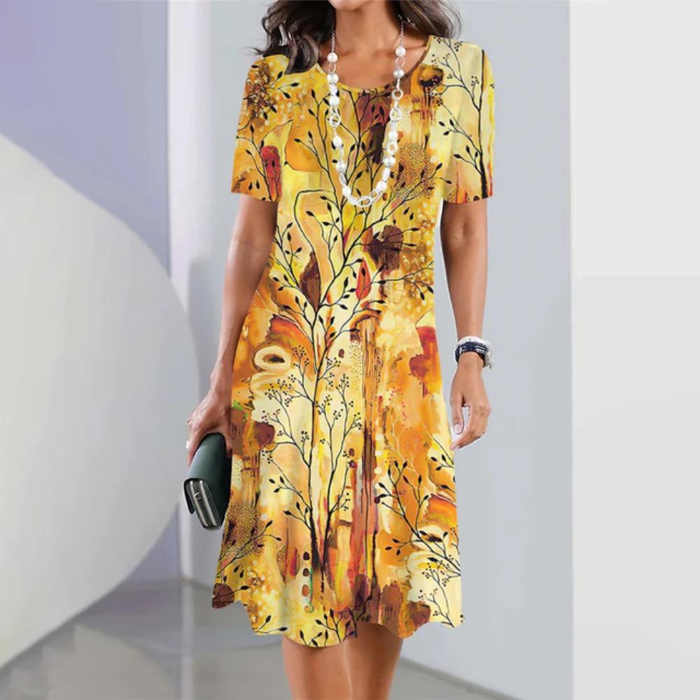 Letnia Sukienka Damska Trapezowa z Krótkim Rękawem Damska Klasyczna Retro Nadruk Casual Dekolt Okrągły Pulower Luźna Sukienka