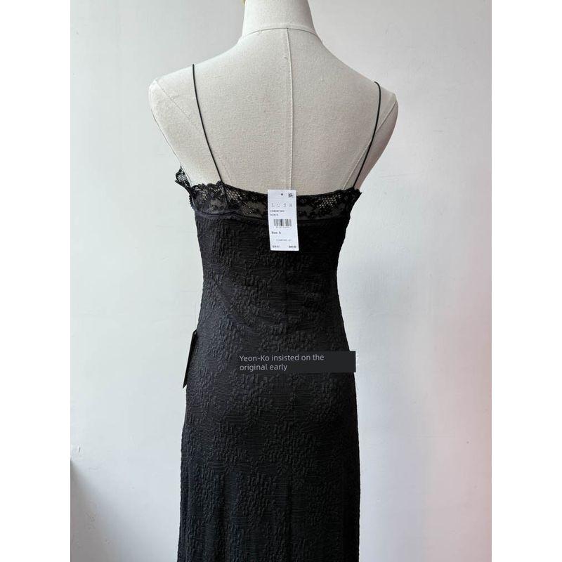 Foreign Trade Order Lu * H Black Lace Sling Sexy Pure Style Slim Fit Semi-Transparent Suspender Skirt Midi Dress