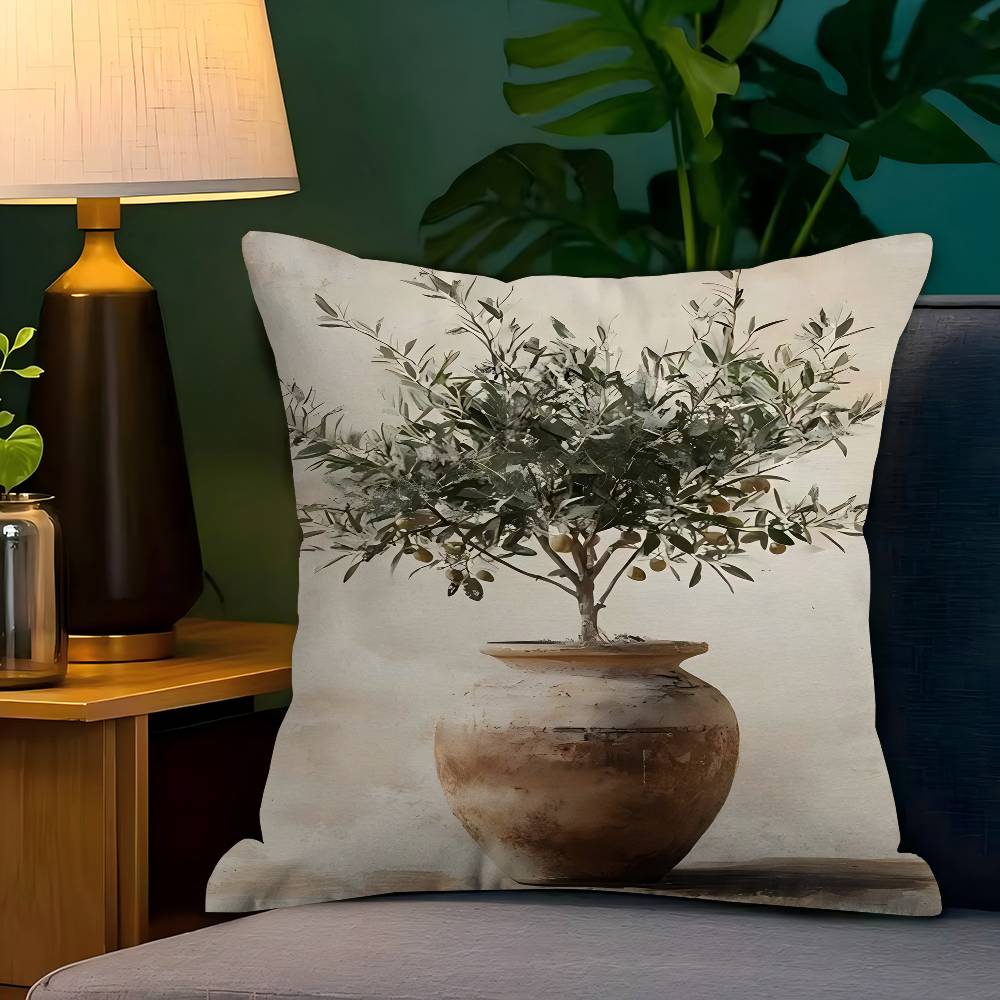 Chic Olive Tree In Vase Canvas Art Pillow Cushion Cover Pillowcase Living Room Sofa Home Decor Customized