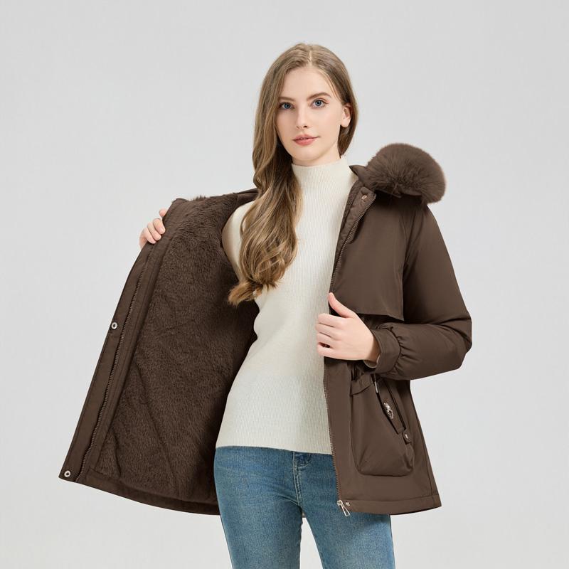 Herbst- und Wintermode Parkas in mittlerer bis langer Länge, warm und dick gefüttert, Samt, einfarbig