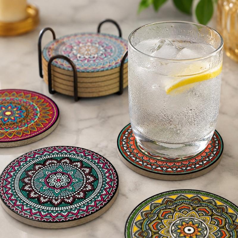 Round Cup Guard Set with Rack, 6 Piece Guard Set for Glasses and Cups, Styled Accent for Dining Tables and Coffee