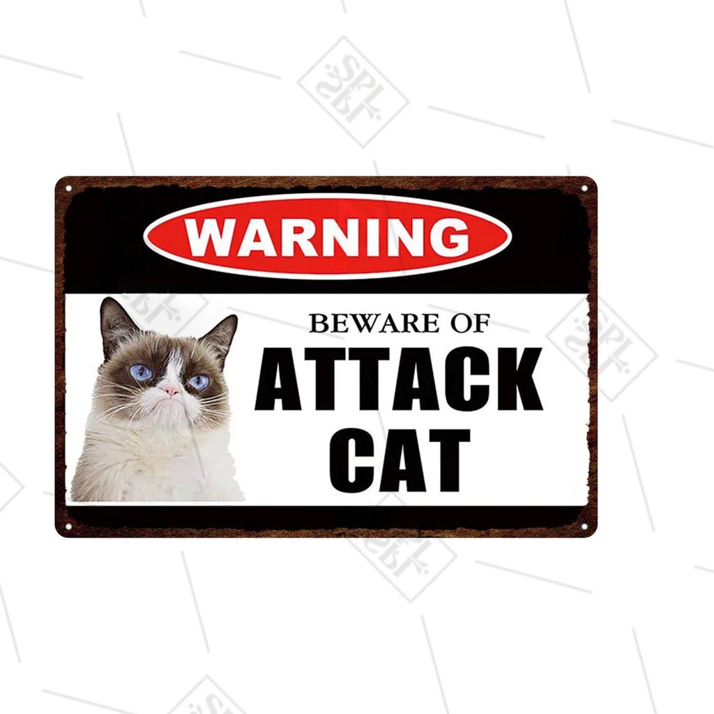 Pet Shop Warning Sign Beware of The Attack Cat Metal Sign Animals Tin Plate Pet Shop Wall Sticker Decoration Vintage Home Decor