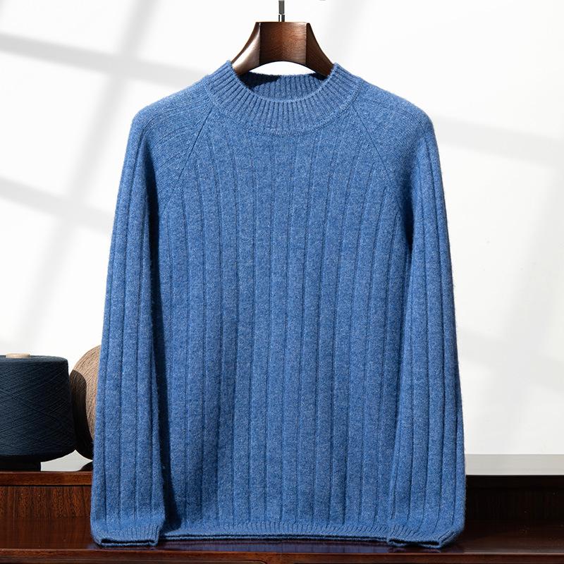 Men's Slim Fit Autumn Cable Knit Pullover Sweater - Korean Style Semi-High Neck Cashmere Shirt
