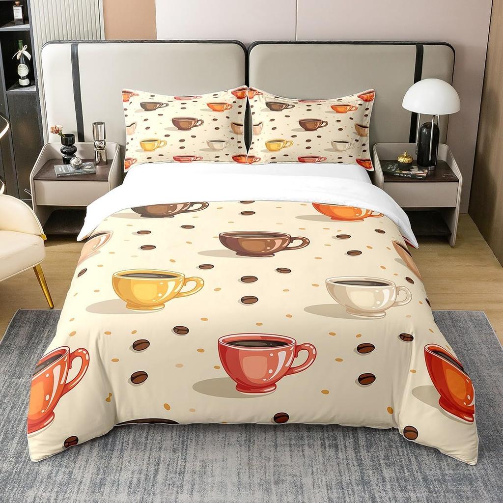 Lovely Bohemian Style Cup Shaped Tea Party Soft Duvet Cover Quen Sized Dimensions Children Kids Rom Decor Watercolor Cofe Beding Cup 3 Piece Set
