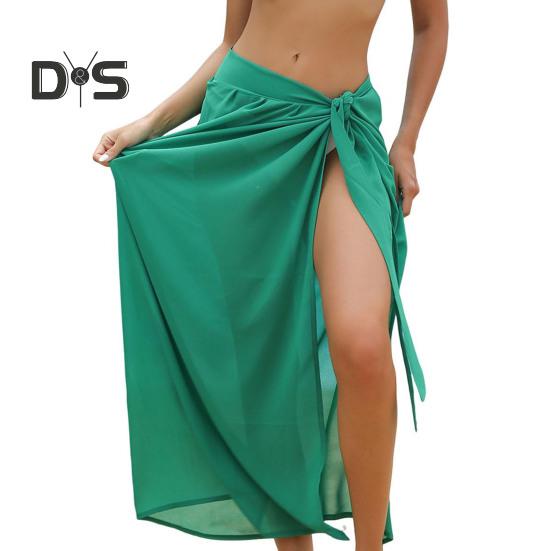 Women Beach Skirt Lace-up Solid Color See-through Thin Quick-Drying Flowy Skirt Sun Protection Bikini Cover Up
