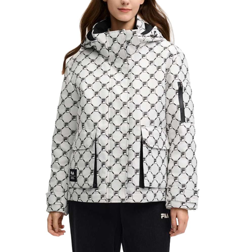 FILA SS25 All Over Logo Warm Hooded Jacket Women jackets Cloud-Mushroom-White F11W518901F-WT