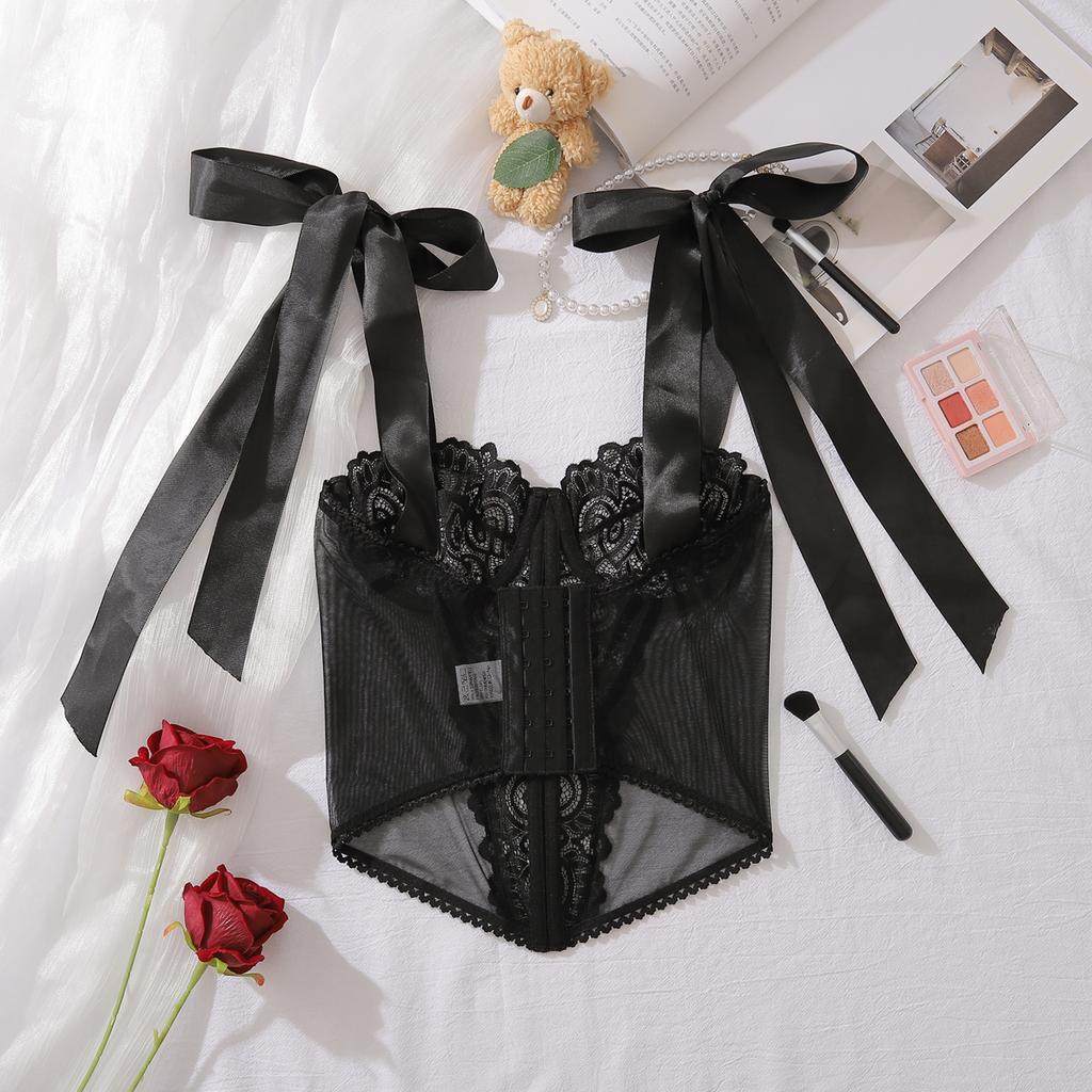 Lenjerie de vară cu broderie de flori din dantelă pentru femei, corset strâmt, sexy, din plasă respirabilă, modelatoare cu balene, cu fundă, bretele sling, topuri cu decolteu jos