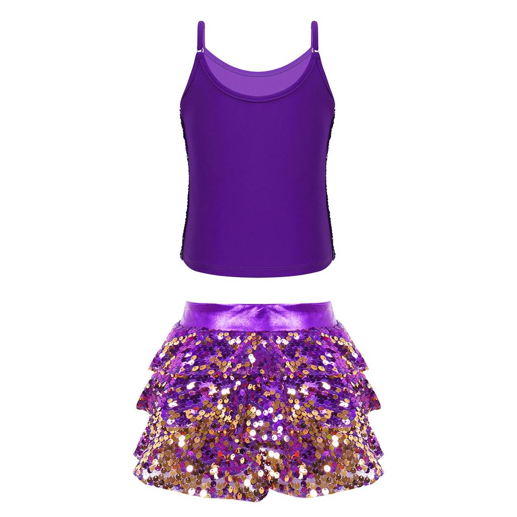 Girls Shiny Sequins Camisole Top Adjustable Straps Tiered Ruffle Skirted Shorts Culottes Dance Outfit