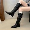 Fashion Winter Designer Pointed Toe Women Knee High Boots Fashion Belt Buckle Slip On Shoes Concise Thick Heel Knight Long Booties