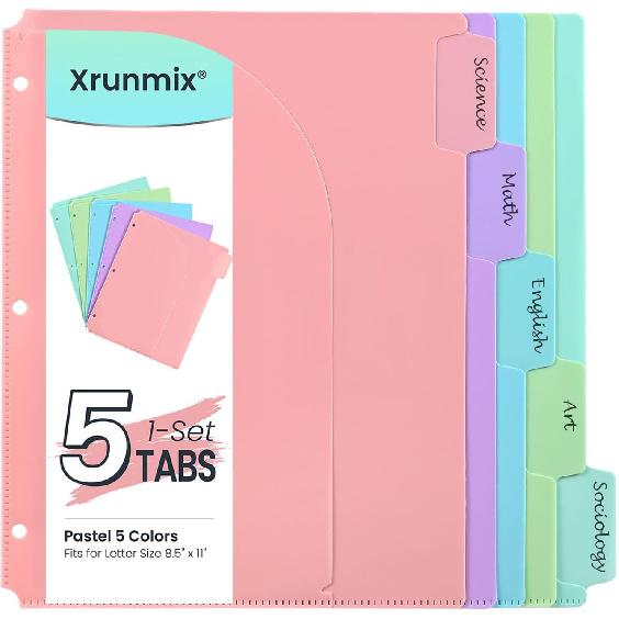 5 Tabs Dividers with Pockets for 3 Ring Binder, 5 Counts Binder Dividers Index for US Letter Size, Binder Dividers with Tabs for School Office 1