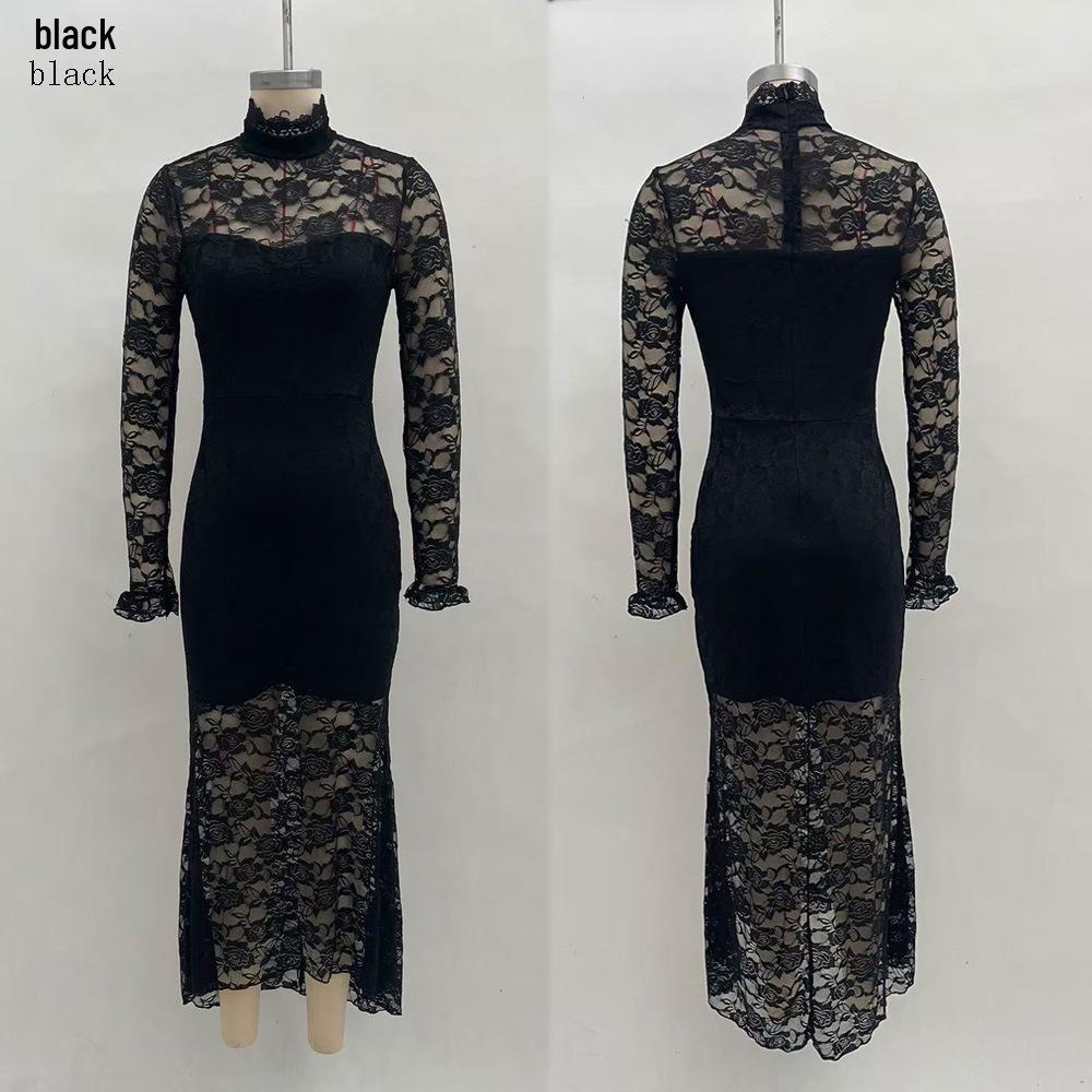 Elegant Cross-border Autumn/Winter Long-sleeved High-waisted Slim-fit Banquet Dress for Women