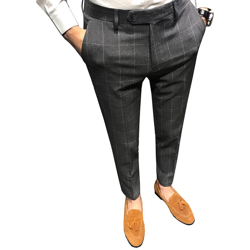 Men's Slim Fit Spring Plaid Trousers - Korean & British Style Nine-Point Pants