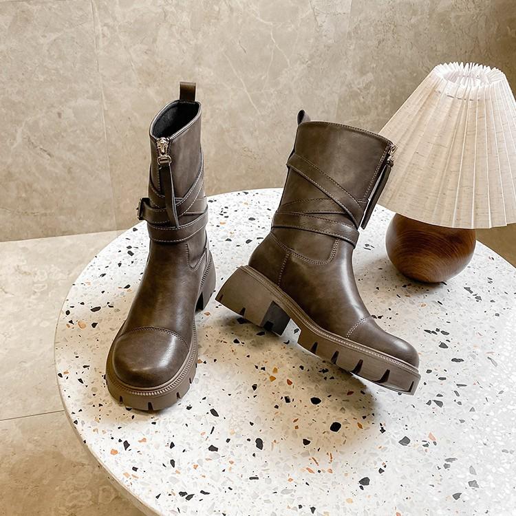 Retro Round Head Versatile Martin Boots Women's 2025 Autumn and Winter Explosion Thick-soled Thick Heel Maillard Medium Boots Short Boots