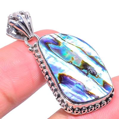 Natural Abalone Shell Gemstone 925 Solid Sterling Silver Gift Pendant 1.65" F7Z80