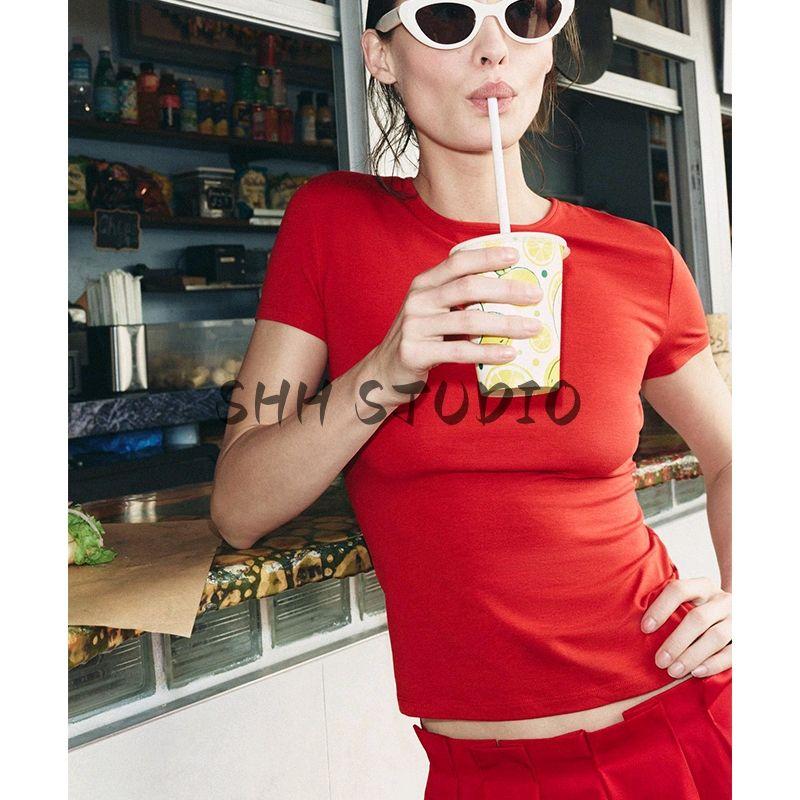 Women's Spring Clothing American Minimalist Casual Multi-Color Blended Silm Short-Sleeved T-shirt 0264216