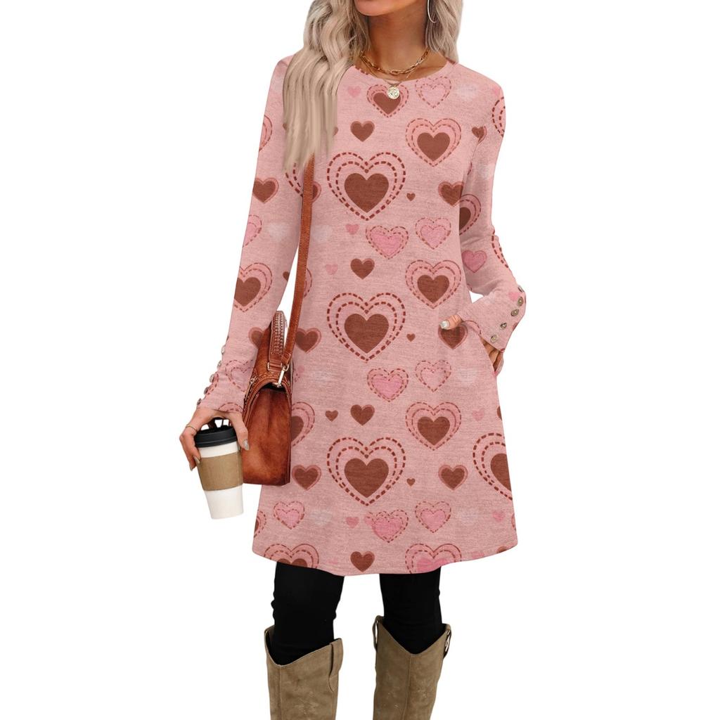 Women's fashion casual pocket decorative button dress round neck long sleeve printed dress