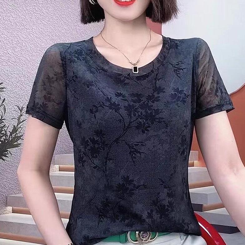 

Летняя сетчатая футболка с коротким рукавом и круглым вырезом, приталенная 3X Large чёрный