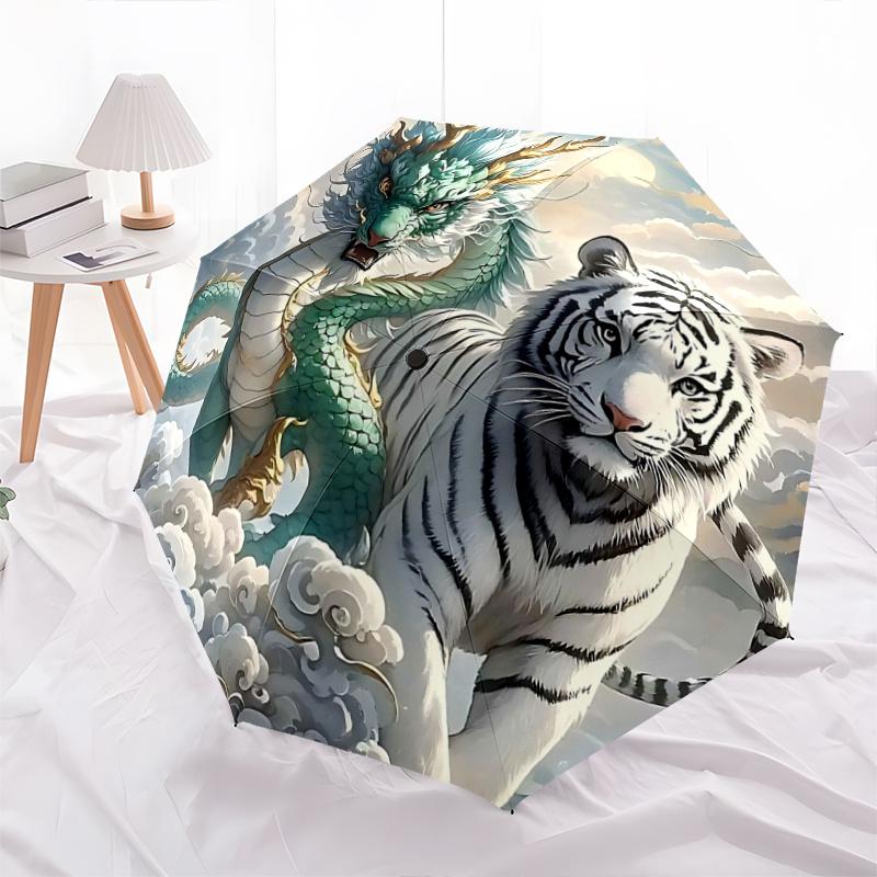 

1pc Turquoise Dragon and Snow Tipped Tiger Soaring Through Clouds Pattern Beautiful Looking Automatic Folding Umbrella, 3 Folding, 8 Iron Frame Design