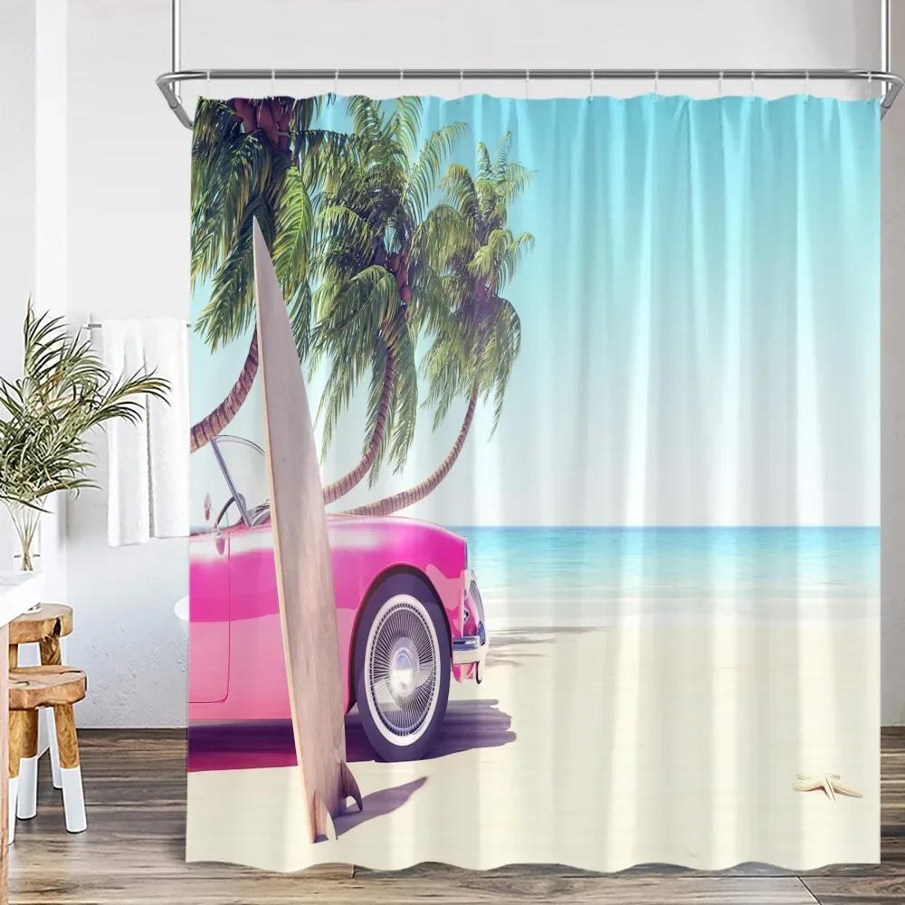 Camping Shower Curtain Camper Travel Bus Beach Coconut Tree Surfboard Outdoor Action Bathroom Decoration RV Shower Curtain