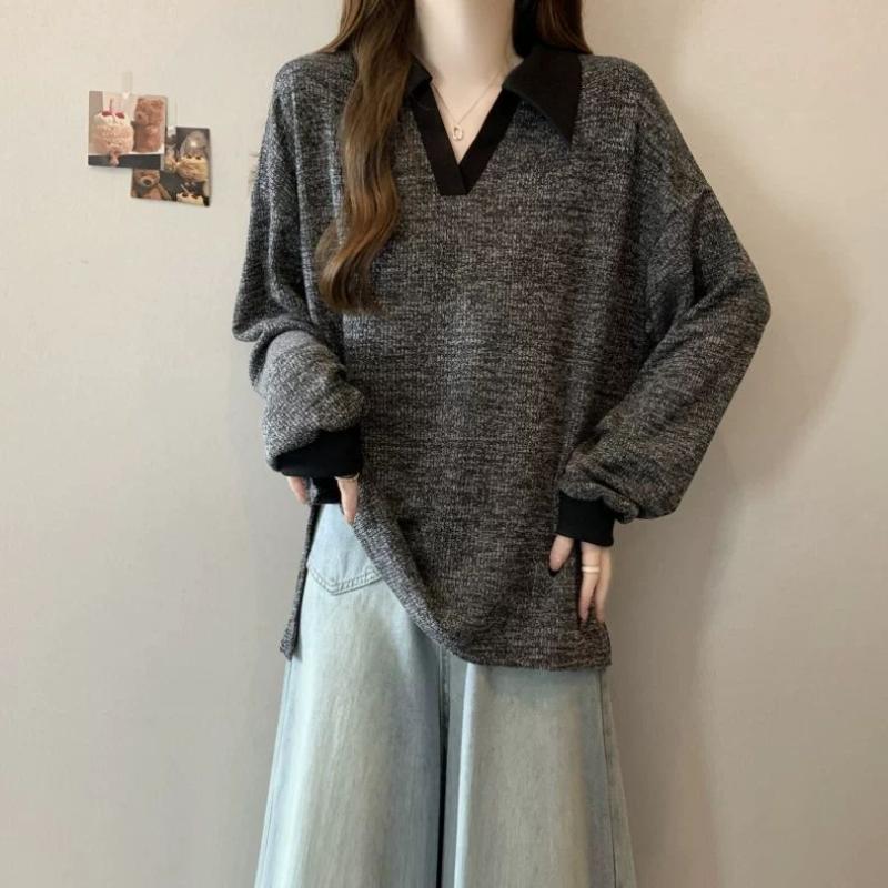 

College Style Retro POLO Neck T-shirt for Women Autumn Winter Loose Lazy Sweatshirt 4XL чорний